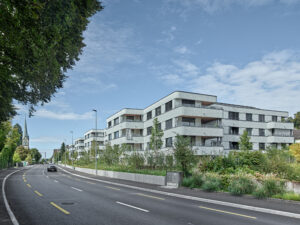 Überbauung Erlengut in Erlenbach | Aluminium-Streifbanksystem Streba® mit Rundung | Aluminium-Handlauffixierungssystem HL-Fix® mit Rundung | Aluminium-Fensterbanksystem Flexila-SEC®